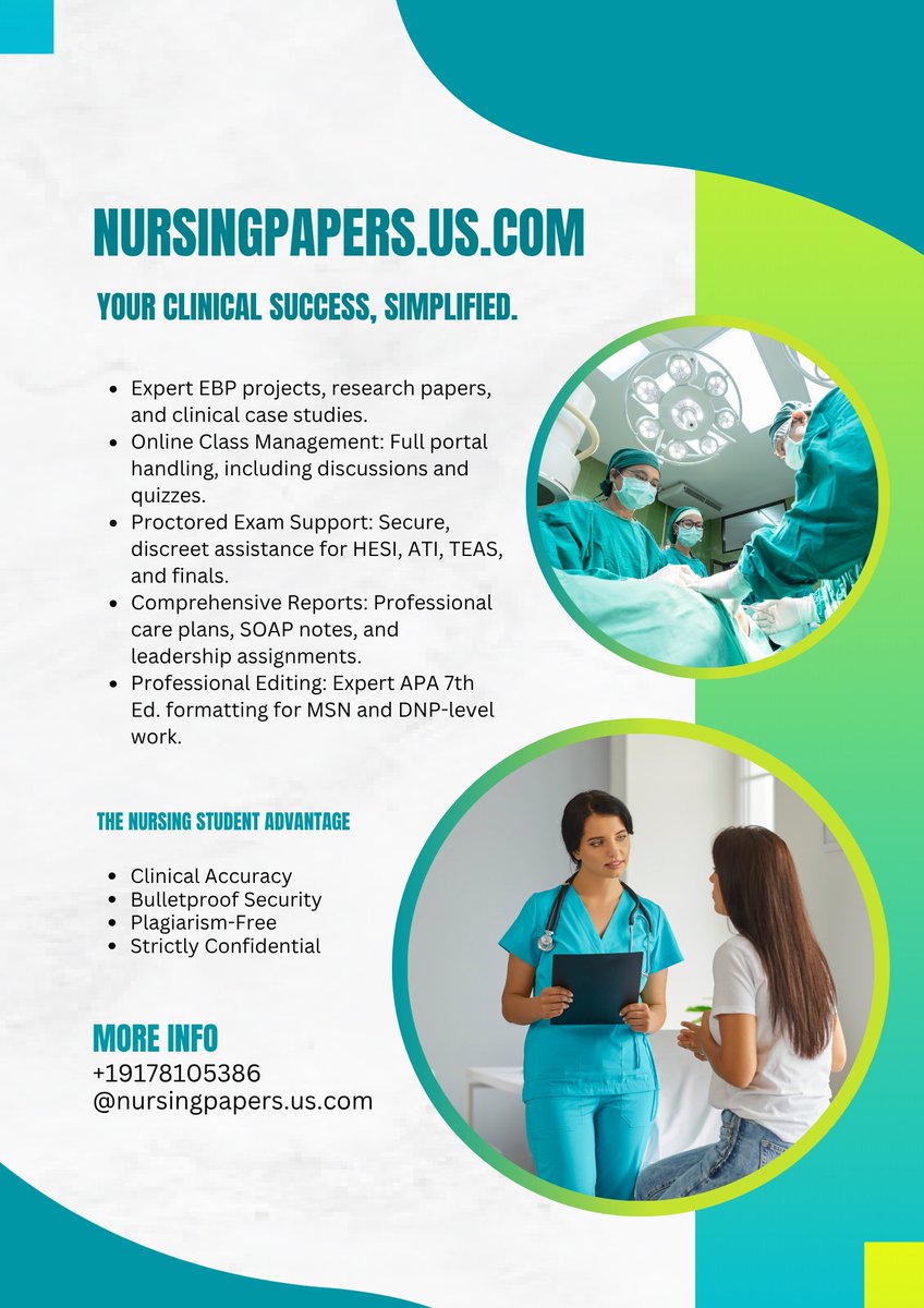 papers_nur18204's tweet photo. From HESI/ATI prep to complex EBP research papers, we help nursing students dominate their curriculum. 🩺✨ Don't let a heavy shift or a dense syllabus stop your progress.
Manage your classes and exams with total confidence.
#NursingStudent #HESI #NCLEXprep #NursingSchoolLife https://t.co/C1UduNz3UT