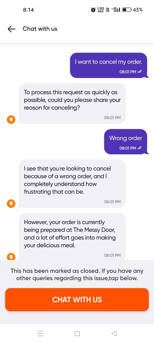 aryanbwaj's tweet photo. @Swiggy @SwiggyCares  Really disappointed with your service today. I ordered Chole Kulche from Amritsari Kulcha, Raja Park, but they accepted a different order from a completely different outlet (Messy Door). https://t.co/5aCw6HR2Dr