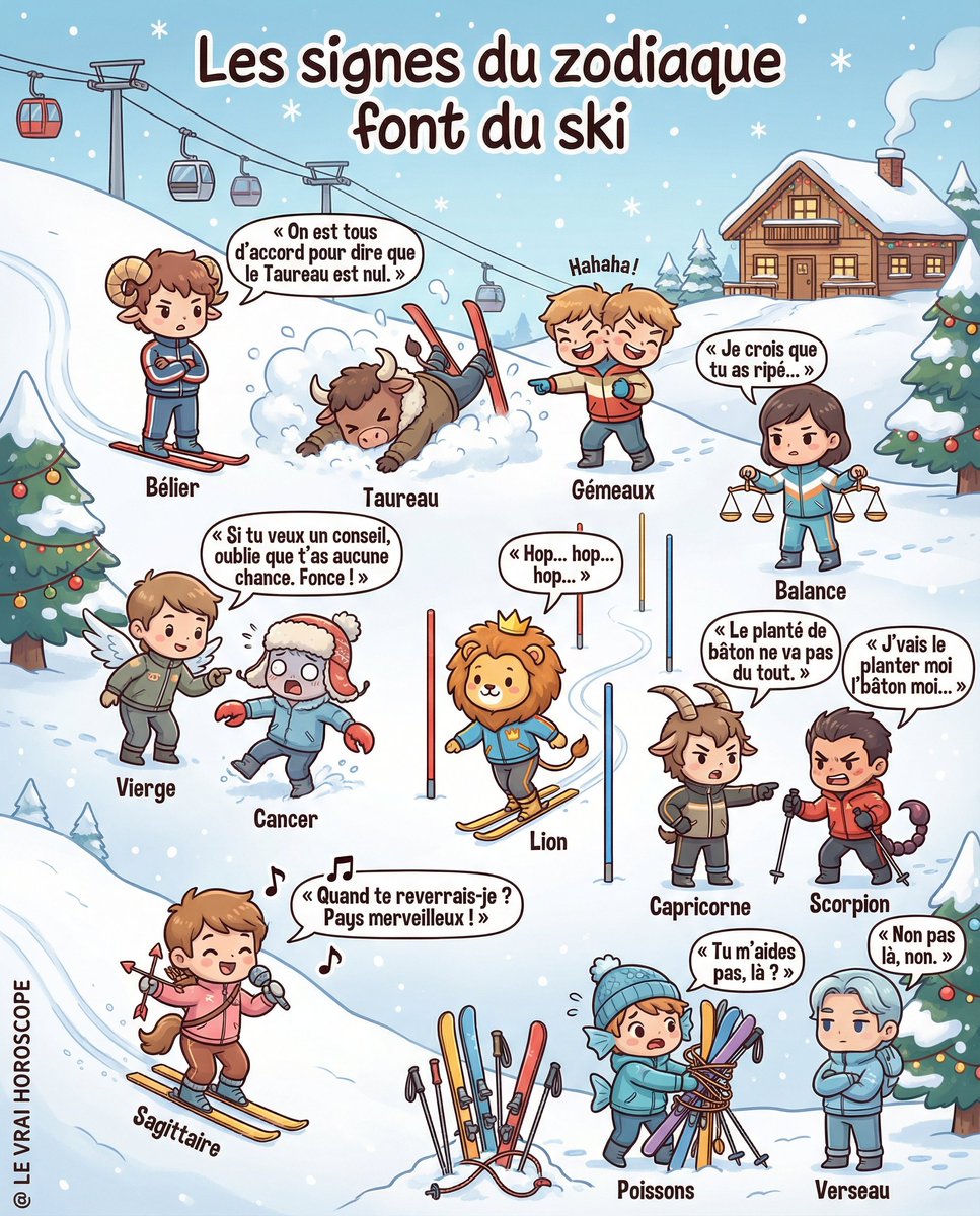 LeVraiHoroscope's tweet image. ⛷️ LES SIGNES DU ZODIAQUE FONT DU SKI

Pastiche du film "Les bronzés font du ski" 😂 La neige tombe, les pistes sont belles, et les signes s’élancent… chacun à sa manière ! 😂

#Astrologie #Zodiaque #Horoscope