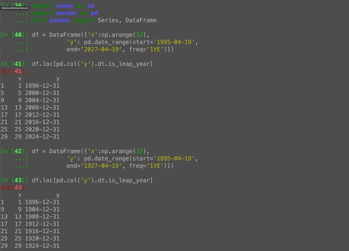reuvenmlerner's tweet image. Want to find leap years in a #Python #Pandas datetime series? Use is_leap_year:

df = DataFrame({'x':np.arange(32),
       'y': pd.date_range(start='1995-04-19',
       end='2027-04-19', freq='1YE')})

df.loc[pd.col('y').dt.is_leap_year] # returns booleans
