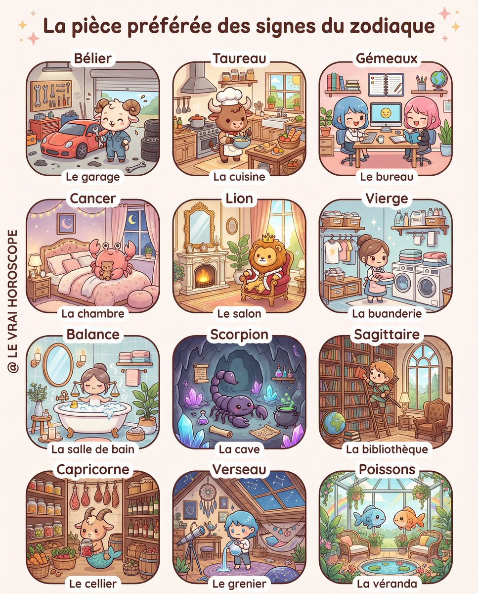 LeVraiHoroscope's tweet image. 🏠 LA PIÈCE PRÉFÉRÉE DES SIGNES DU ZODIAQUE

Chaque signe a son coin favori dans la maison, celui où il se sent le plus lui-même, où il recharge ses batteries ou exprime pleinement sa personnalité 🛋️🔧

#Astrologie #Zodiaque #Horoscope