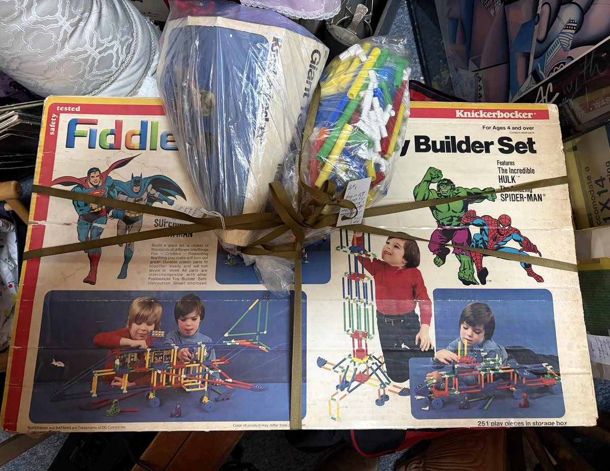 hankbukowsi's tweet image. Knickerbocker Fiddlesticks, #vintage building #toy with DC and Marvel #comics branding.