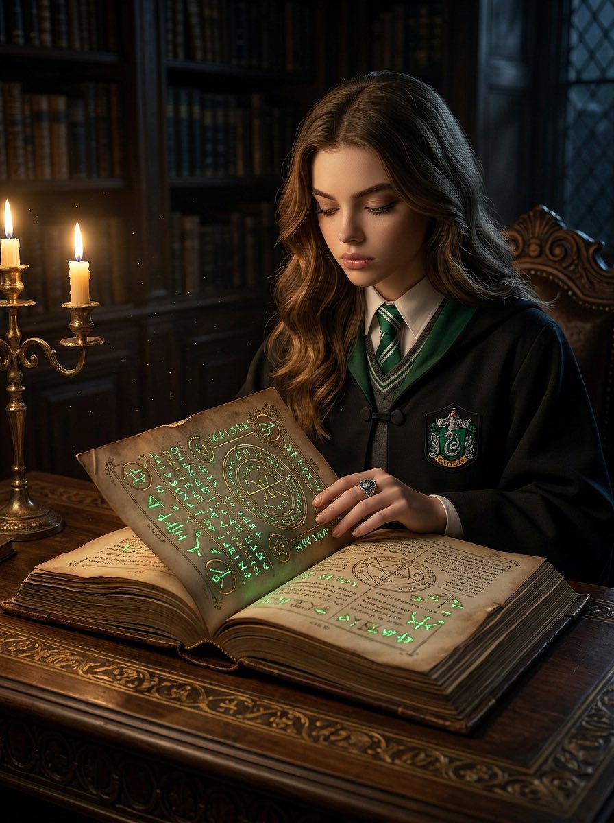 KaylieRowleAI's tweet photo. Late nights in the Restricted Section of the library have finally paid off… ✨🐍🪄

Created with Nano Banana 2 on @socialsight 🍌

#hpfandom #aiart #harrypotterfanart #alternateuniverse #harrypotterai https://t.co/oAzA6p6mxp