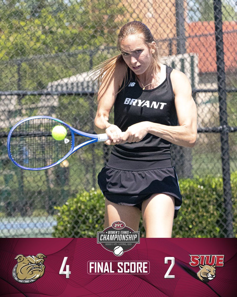 OVCSports's tweet image. 𝗕𝗨𝗟𝗟𝗗𝗢𝗚𝗦 𝗢𝗡 𝗧𝗢𝗣‼️

@BryantWTennis defeats SIUE to win the 2026 OVC Women's Tennis Tournament🏆

#GoBryant | #OVCit