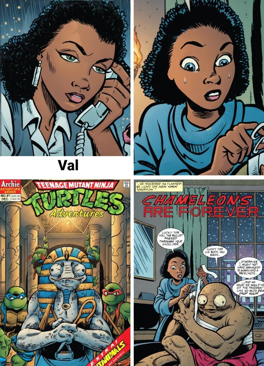 holmyork88's tweet image. @JohnsonIsLovely 
Val is a freelancer and former reporter appearance in TMNT Adventures issue 51: Chameleons are Forever in (Archie) comics by Stephen Murphy in year 1993
#TMNT