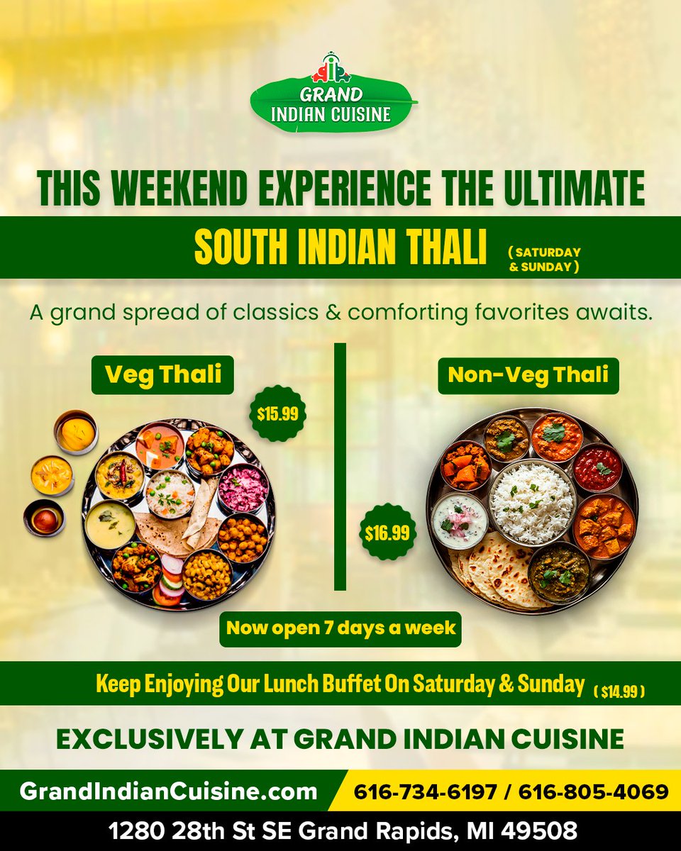 Grandindia_MI's tweet image. Make your weekend meal simple and satisfying with our South Indian Thali.
 
Available every Saturday &amp;amp; Sunday:
• Veg Thali – $15.99
• Non-Veg Thali – $16.99

👉Weekend Lunch Buffet at $14.99
 
🌐grandindiancuisine.com
 
#SouthIndianThali #IndianFood #GrandRapids #Michigan