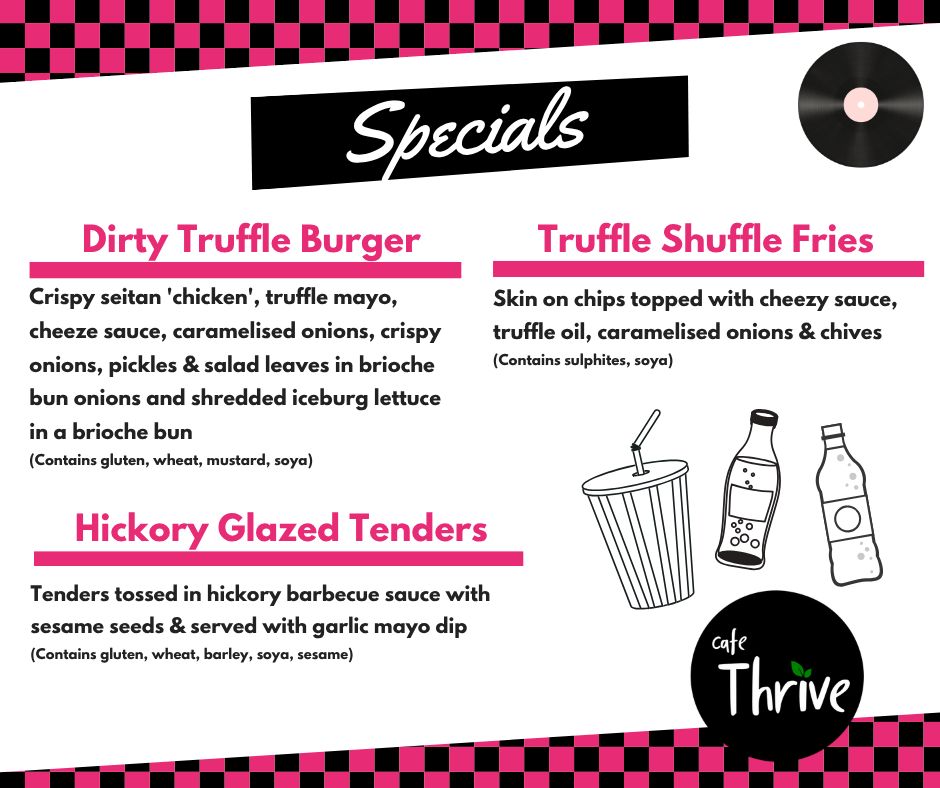 cafe_thrive's tweet image. American Diner vibes this week! 🇺🇸 Dirty Truffle Burger with crispy seitan 'chicken', Hickory Glazed Tenders with sesame seeds &amp;amp; garlic mayo, plus Truffle Shuffle Fries with cheezy sauce. Classic diner flavours all week! Check allergens in-store. #CafeSpecial #Vegan #DinerFood