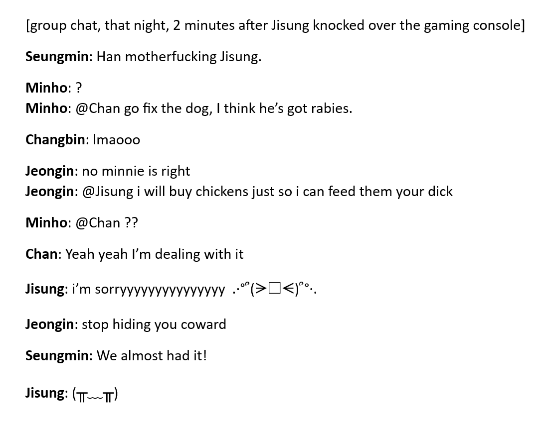 Sunday Snippet for good luck! 💖 may the pack group chat brighten your week (yours, clearly not jsungie's)