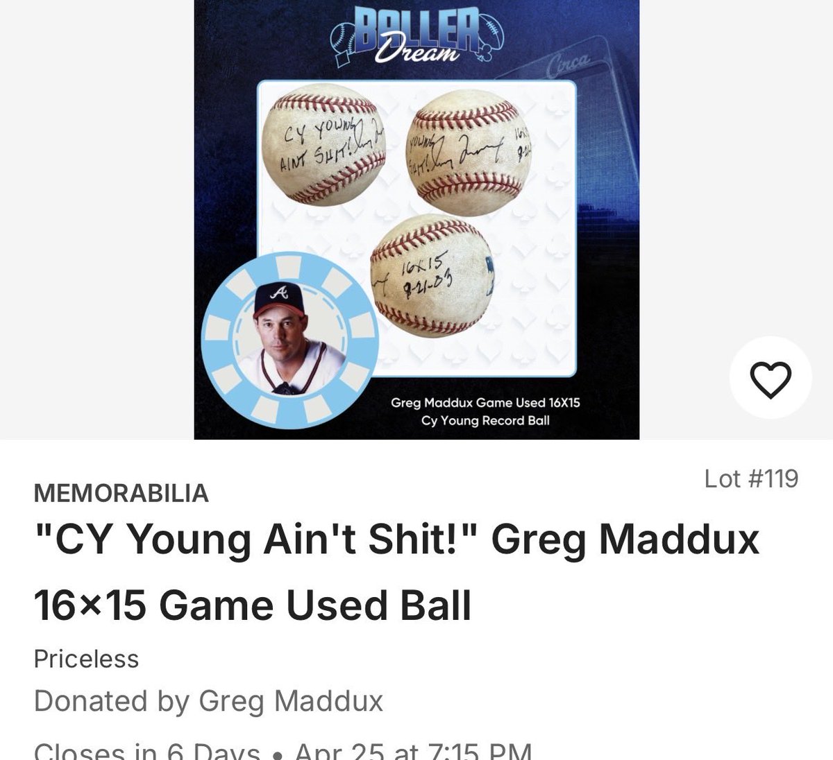 gregmaddux's tweet photo. Silent Auction is LIVE! Open online until Saturday, April 25 at 7:15pm PST. Don’t miss your chance to score some of these exclusive items https://t.co/R4MC6bbdLh https://t.co/rY0ZVPLaKd