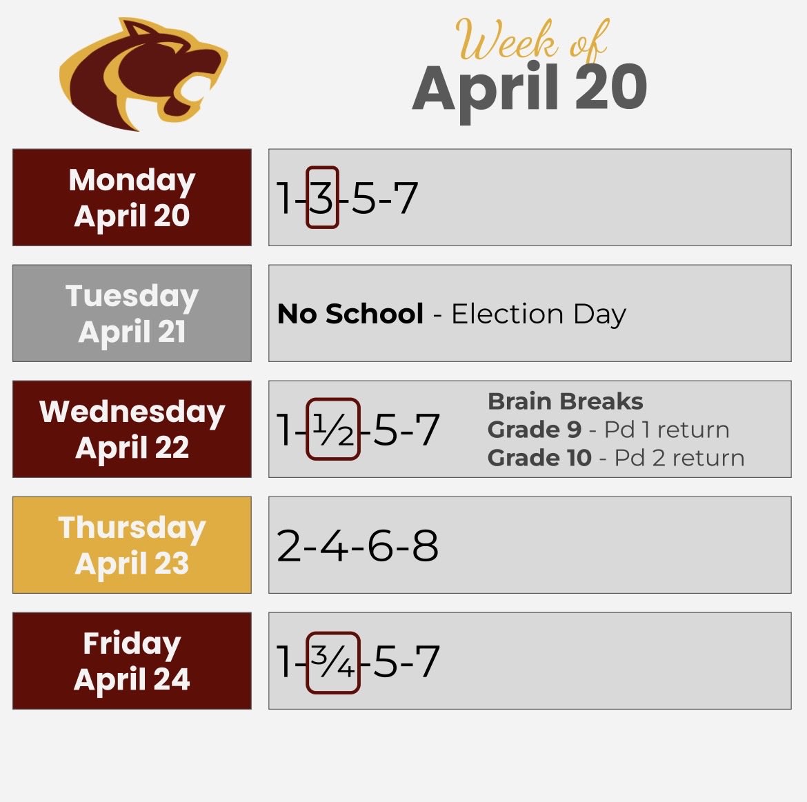 OaktonHS's tweet photo. Here’s the schedule for the week of April 20. Tuesday is a student holiday for the special election and we have our 9th and 10th grade brain breaks on Wednesday. Have a great week, Cougars! #Oaktoncalendar #WEAREOAKTON https://t.co/Zy1CKnJpLm