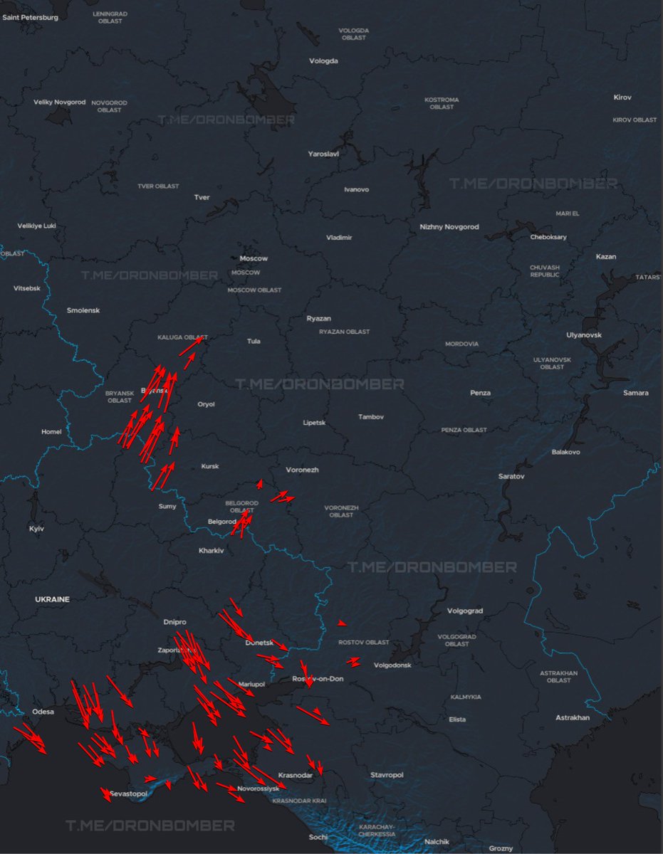 🇺🇦23:10 | 19/04

Approximate flight routes of our UAVs:

🔴 Red arrow – directions of movement of strike UAVs;

According to Russian sources, around 180 drones were reportedly launched; however, these figures and the indicated routes are highly approximate.