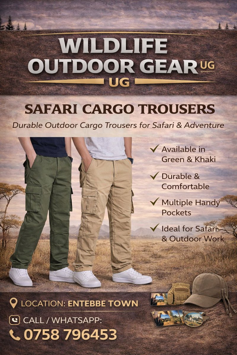 WildGearOutdoor's tweet photo. Built for the wild, designed for comfort
Safari Cargo Trousers durable, practical, and adventure-ready.
From rugged trails to everyday outdoor work, move with confidence.
π Entebbe Town | π 0758 796453 #WildlifeOutdoorGearUG #SafariReady https://t.co/BOyNZvi6hN