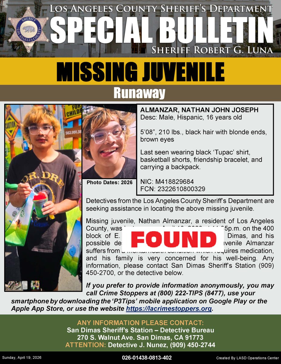 LASDHQ's tweet image. *UPD FOUND* #LASD is Asking for the Public's Help Locating Runaway Missing Juvenile, Nathan J. Almanzar, #SanDimas - nixle.us/H93FR