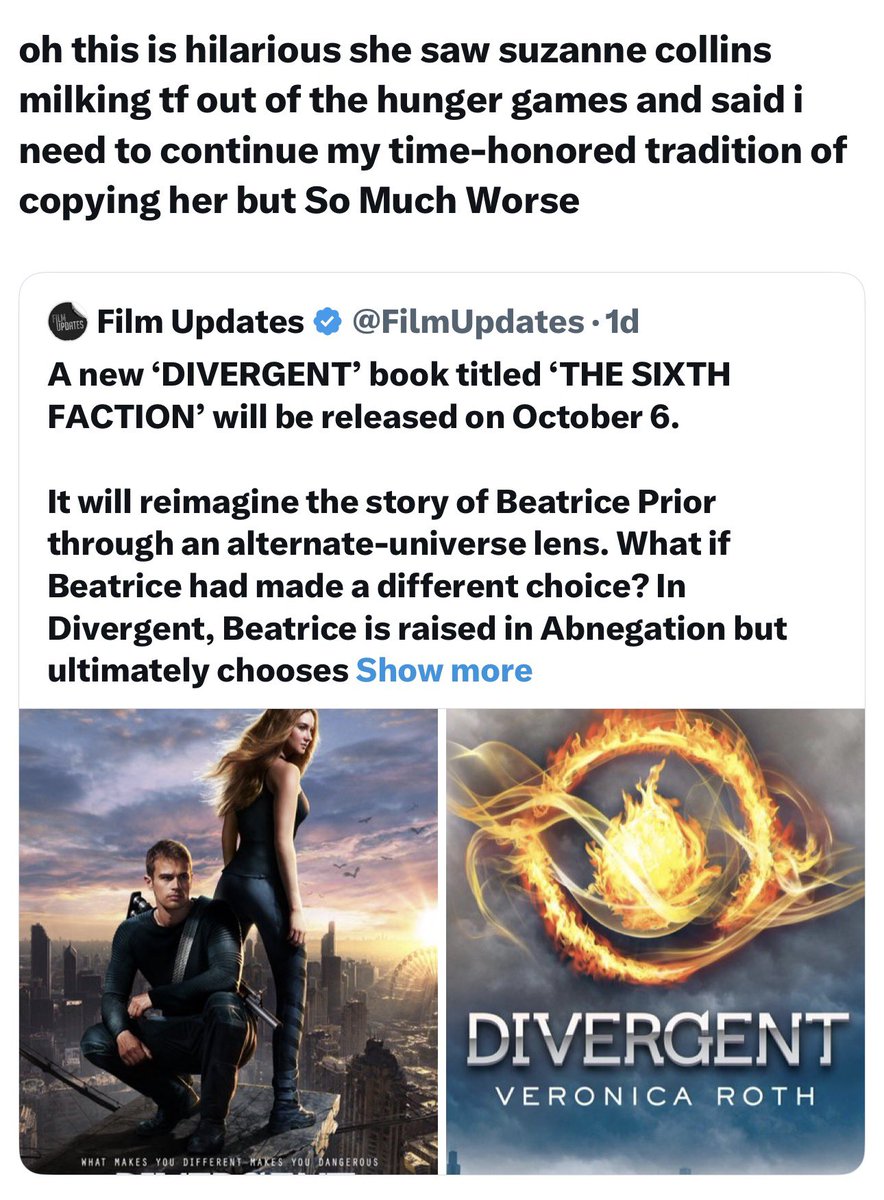 Burtini's tweet photo. I’m seeing a lot of this and 🫩

I’m not hating on THG here but let’s not act like Collins created this original concept and any other dystopian author is copying her 🙄. Let’s also not act like she invented the concept of expanding on a story years after a book released … https://t.co/21vVAIHhkE