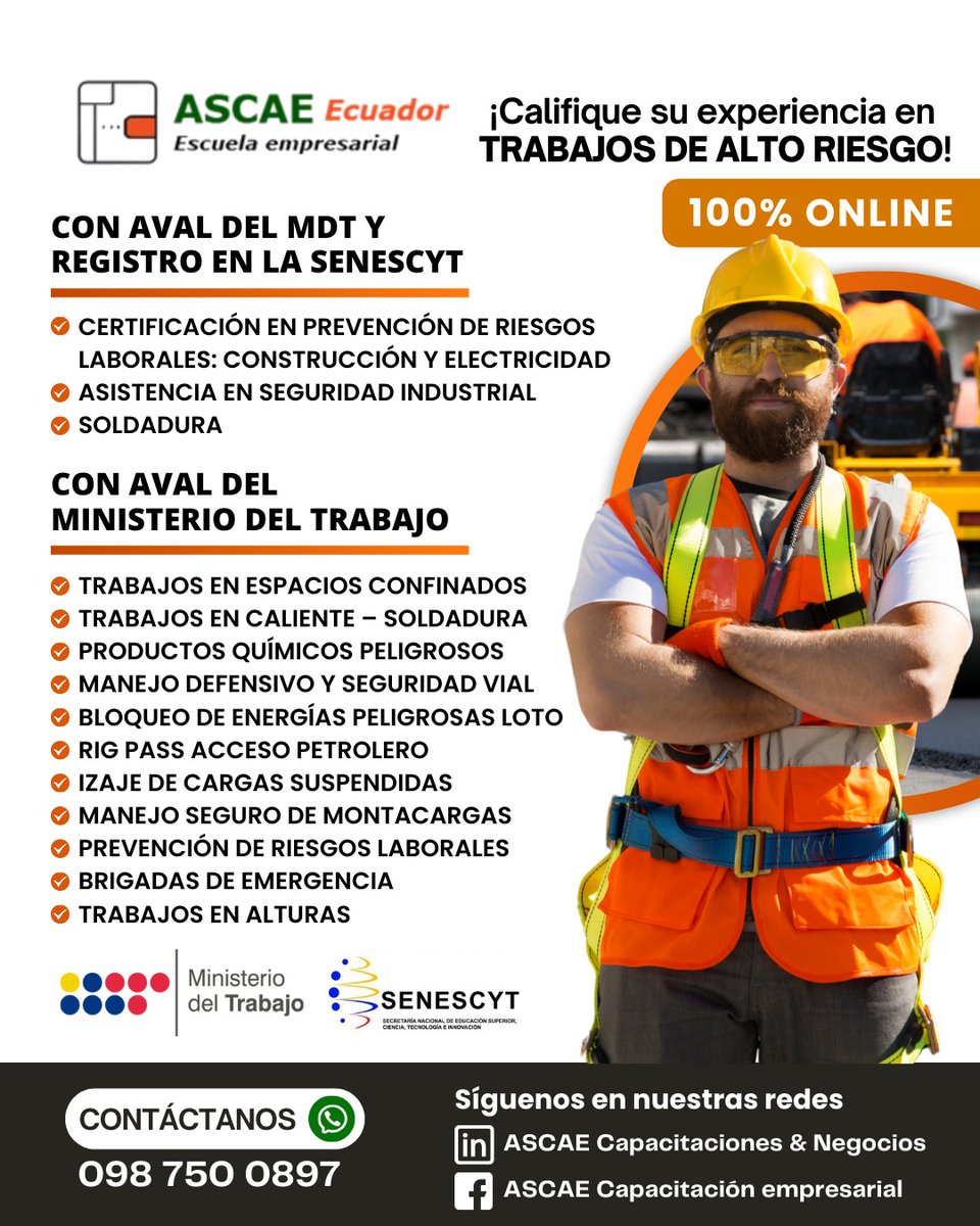luis593_ec's tweet photo. 👷‍♀¡Obtenga las Certificaciones para TRABAJOS DE ALTO RIESGO! 
- Entregamos en 24 horas.    - Precio desde $39.
¡Contáctenos dando clik Aquí!  
https://t.co/iMZdlZZNIk
📞 098 750 0897
capacitacion.ascae@gmail.com https://t.co/uvhvlKPBnb