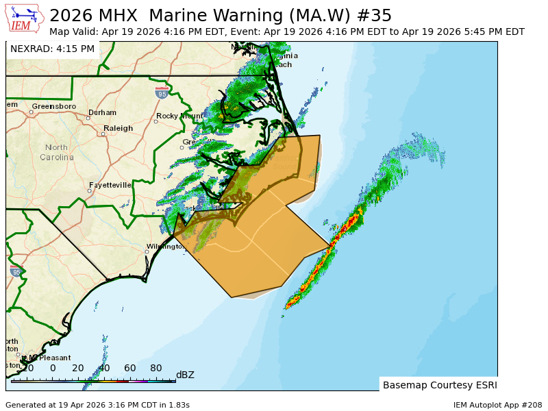 MHX issues Marine Warning [wind: >34 KTS, hail: 0.00 IN] for 9 forecast zones in [AM] till Apr 19, 5:45 PM EDT mesonet.agron.iastate.edu/vtec/f/2026-O-…