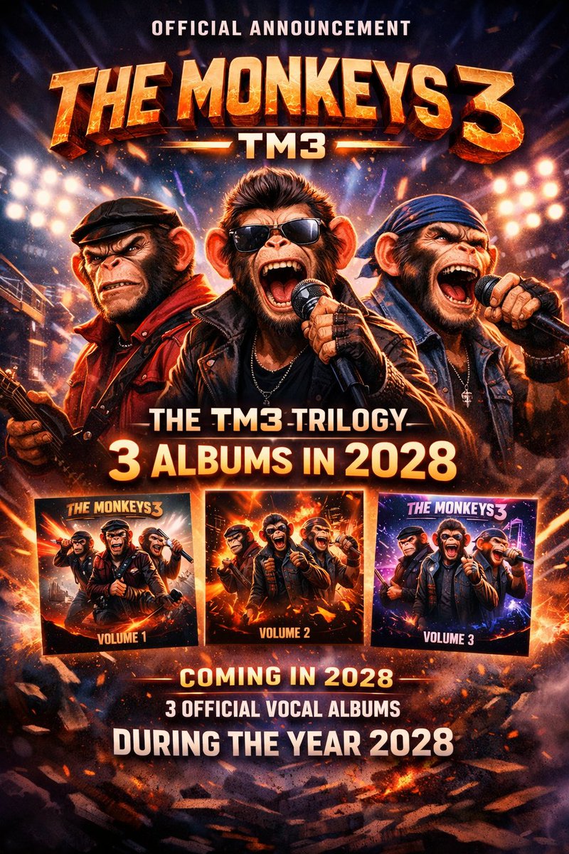 *"The Monkeys 3 (TM3): Official announcement about the TM3 trilogy - Release of 3 official vocal albums during the year 2028"*