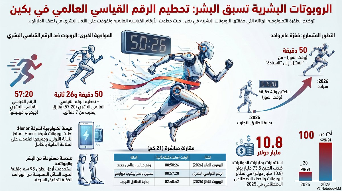 Wazir_Alahdl's tweet image. الروبوتات البشرية تتفوق على البشر في نصف ماراثون بكين، مُظهرةً تقدماً تقنياً متسارعاً.

حيث كسّرت الرقم القياسي العالمي المُسجل باسم العداء الاوغندي "جاكوب كيبليم".

#تقنية #RobotDream #Robots #الصين #AI