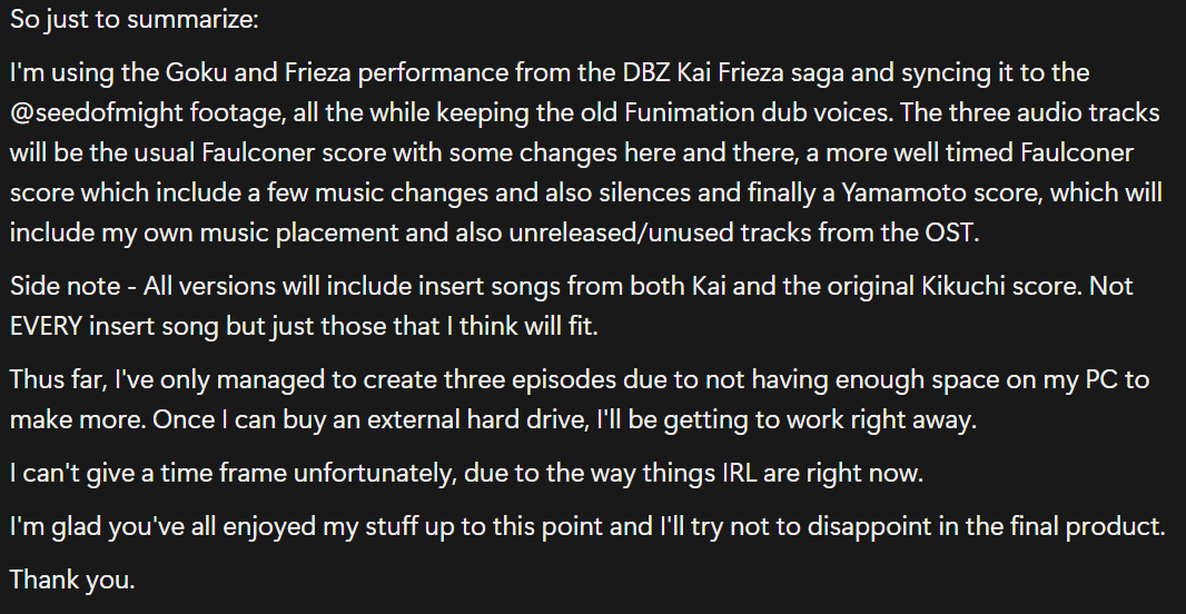 SSJaseDB's tweet photo. A final update regarding the DBZ x DBZ Kai @seedofmight sync.

I'll most likely create a spreadsheet going over details and changes episode by episode when the whole thing is finished.

Feel free to ask any questions.

SSJ Live (Faulconer Productions) - 
https://t.co/of6Cp5rqBq https://t.co/4J1WMgffEM
