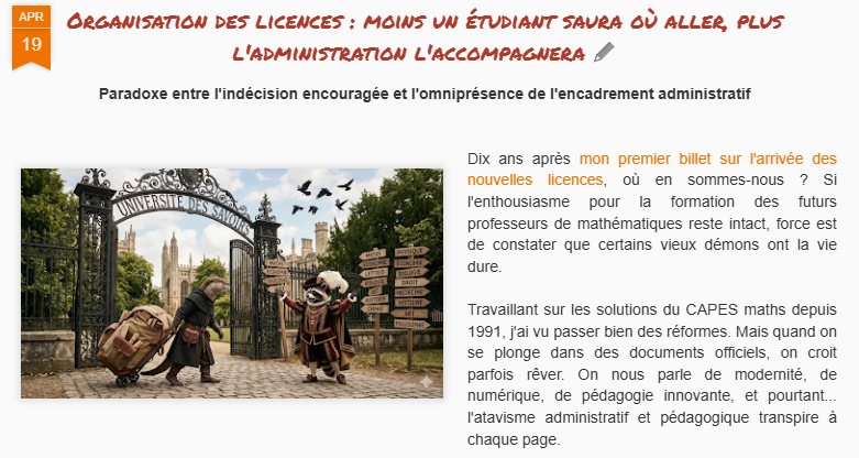 MegamathsTweets's tweet image. La fac en mode "Pac-Man" ? On remplace le bagage scientifique par des "parcours accompagnés" et du numérique hors-sol. Résultat : une licence réelle réduite à 4 mois. Moins l'étudiant sait où il va, plus on l'escorte vers le mur ! #Maths #CAPES #Université
megamathsblog.blogspot.com/2026/04/organi…