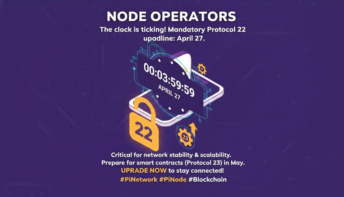 okere_eberechi's tweet image. The clock is ticking, Pi Node Operators! The mandatory Protocol 22 upgrade deadline is April 27. This is a critical step to enable smart contracts with Protocol 23 in May. Upgrade now to stay connected. #PiNetwork #PiNode #Blockchain
