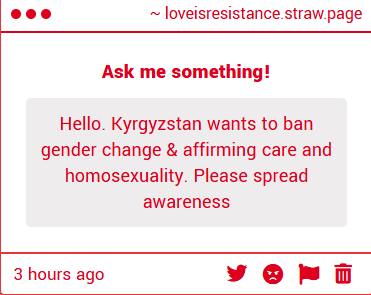 WeAreOnirban's tweet image. Attention ! 
Kyrgyzstan introduced a new bill pathologising trans people and enforcing gender conformity and Banning Same Sex Marriage. Kindly spread awareness about this issue. 
#Kyrgyzstan #TransRights #SameSexMarriageRights