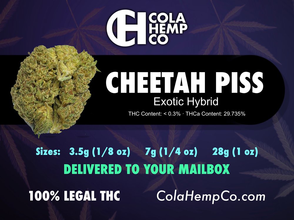 🐆 Exotic Cheetah Piss THCa Flower

An aroma that turns heads and effects that boost mood and creativity.

Federally Legal and delivered to your door US only 21+ only (age verified at checkout) 

Get Some now (while supplies last) 
colahempco.com/product/exotic…