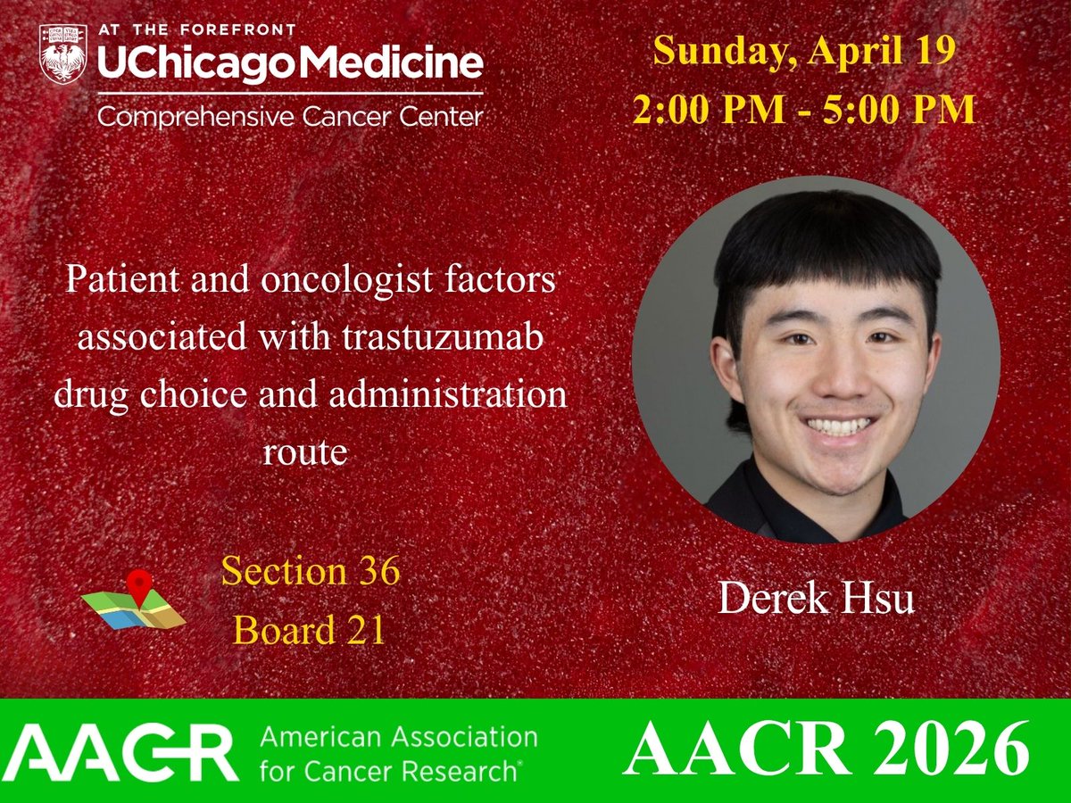 UCCancerCenter's tweet image. At today's #AACR26 poster session, Derek Hsu, an undergraduate student at @UChicago will be presenting data on how patient insurance is playing a major role in determining treatment options for cancer patients. #DisparitiesInCancerCare #HealthEquity
@UChicagoMed @UChicagoHemeOnc