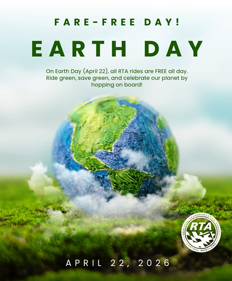 CommuteHoward's tweet photo. In celebration of Earth Day, @transitRTA is hosting a fare-free day this Wednesday, April 22nd. On the 22nd, all RTA passengers may ride for free.
 
To learn more about RTA’s routes and schedules, check out its “Routes &amp; Schedules” website: https://t.co/nEn9AtwsXi https://t.co/luLMlhyaBk