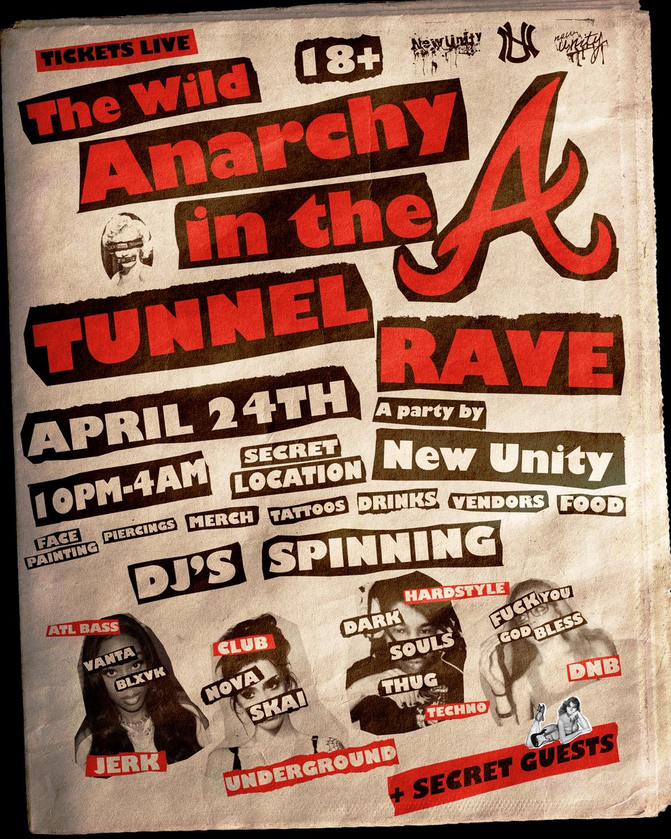 the_newunity's tweet photo. ATLANTA!! @the.newunity ‘s Anarchy Rave is 5 DAYS AWAY⚛️
April 24th 10pm-4am SECRET location (downtown ATL)
vendors, music, drinks, and SO much More!
$15 TIX IN BIO, get yours before the price goes 🆙
Stay tuned for updates, info, AND a ticket giveaway👀
See yall soon… #atlanta https://t.co/1trfTG4pMn