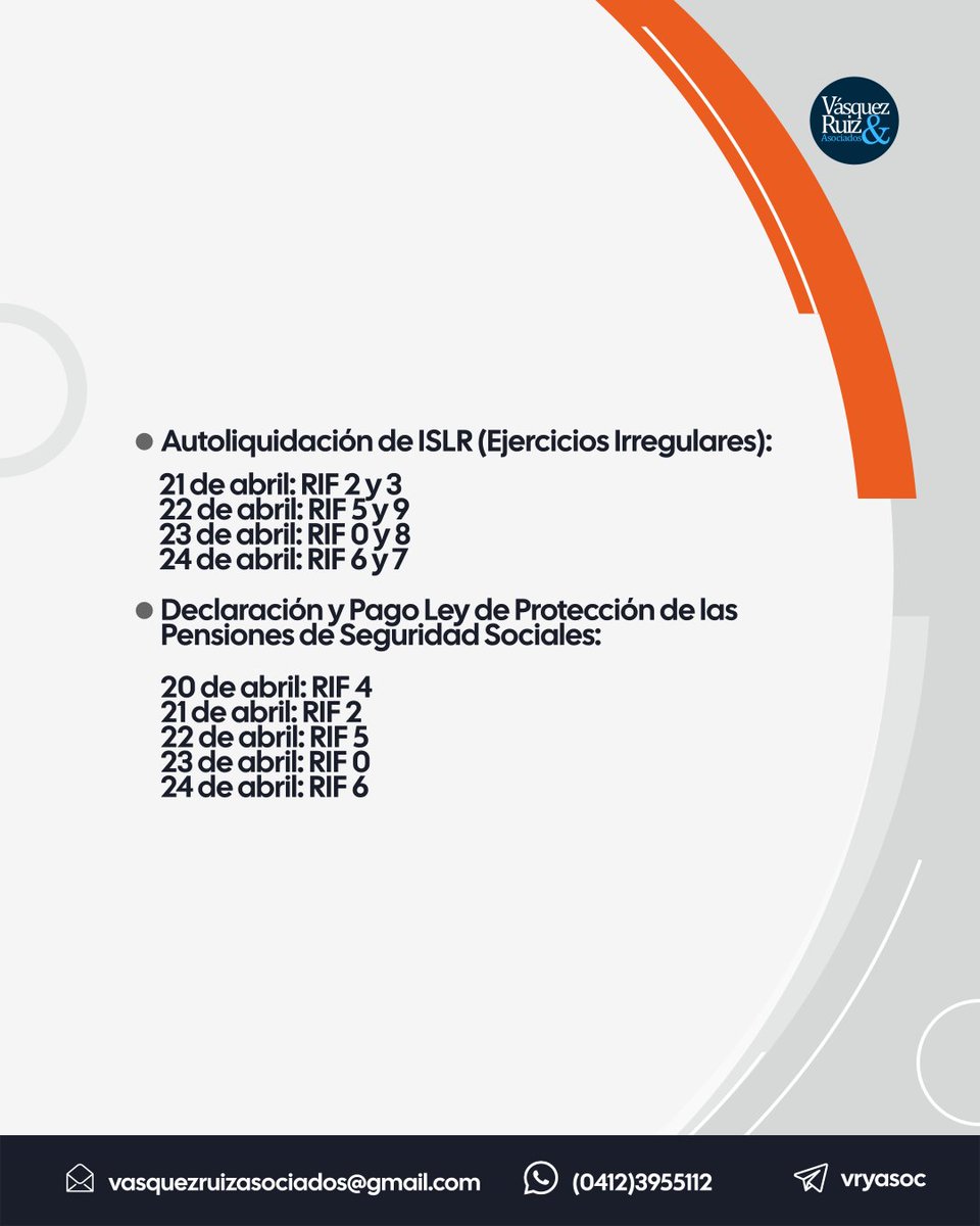 vryasoc's tweet photo. Éstas son las fechas de declaración y pago para Sujetos Pasivos Especiales para la semana del 20 de abril 2026 al 24 de abril 2026.

#EsperamosSerleDeUtilidad #contadores #CalendarioFiscal  #contabilidad #SENIAT #Caracas #Venezuela https://t.co/OiJCKl1A37