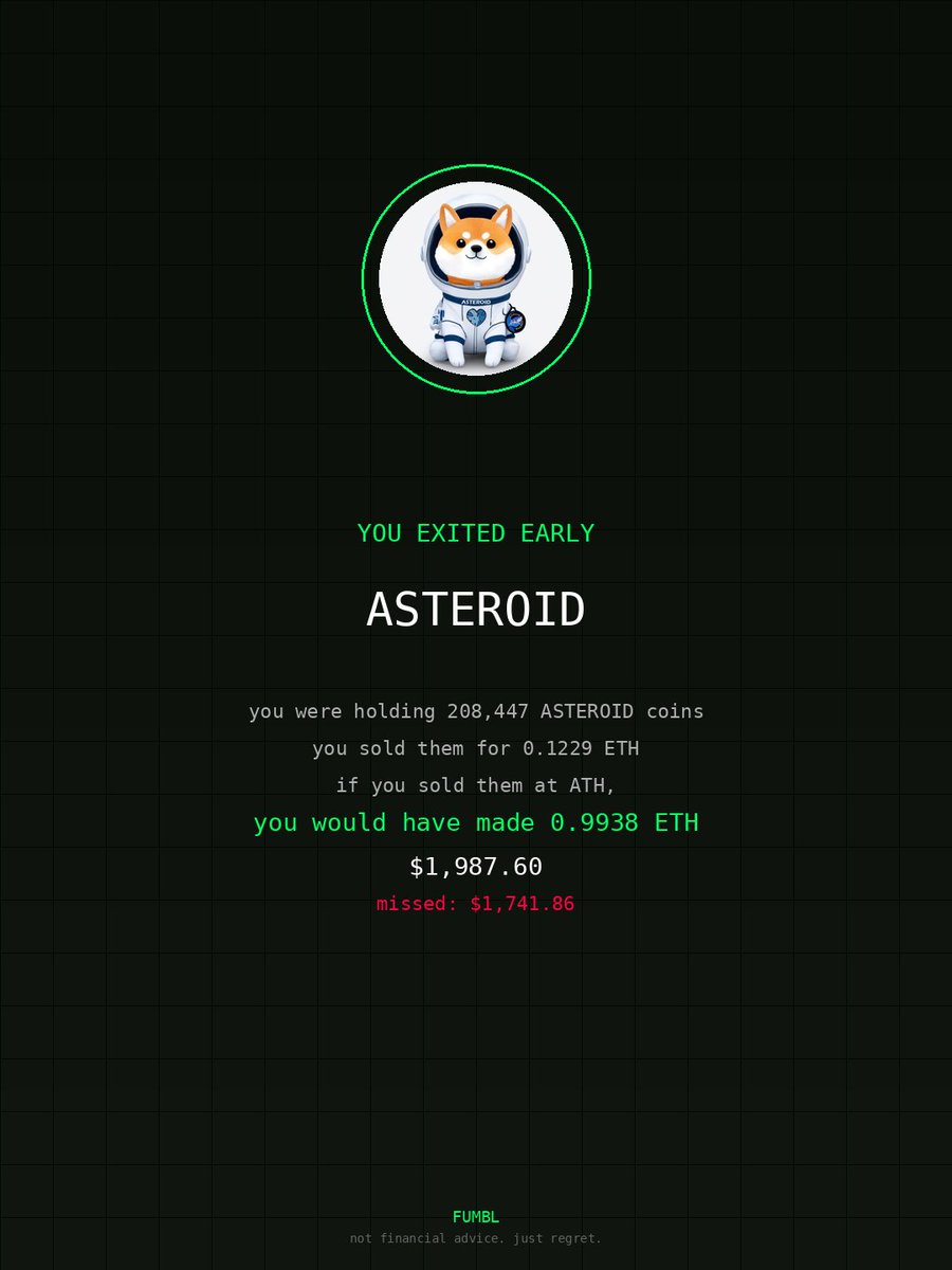 Caboto123_'s tweet image. just checked fumbledbags.xyz bro generational sell on $ASTEROID 
coulda been rich )_: 

0xAFF2565091E7207191dBe340B8528D02FA78d044 
#rainbow  $EARTHY