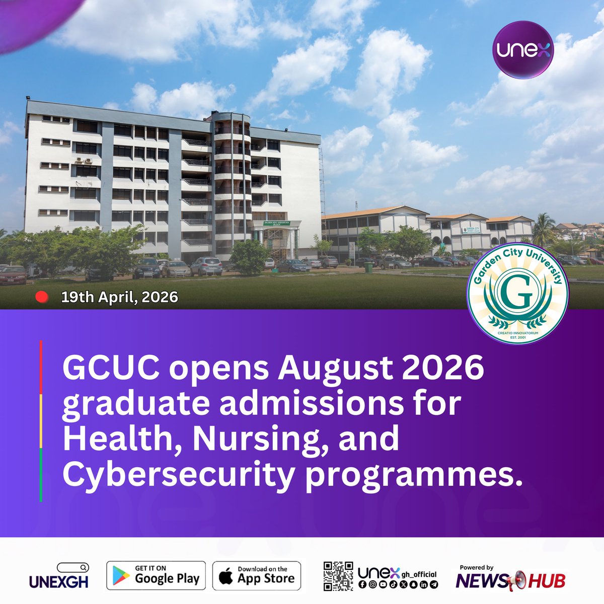 unexghofficial's tweet image. The Garden City University College has opened applications for its School of Graduate Studies and Research for the August 2026 admission cycle.

More details here ⬇️
unexgh.com/uninews/NewsDe…

#GCUC #UNEX #UNEXGH
