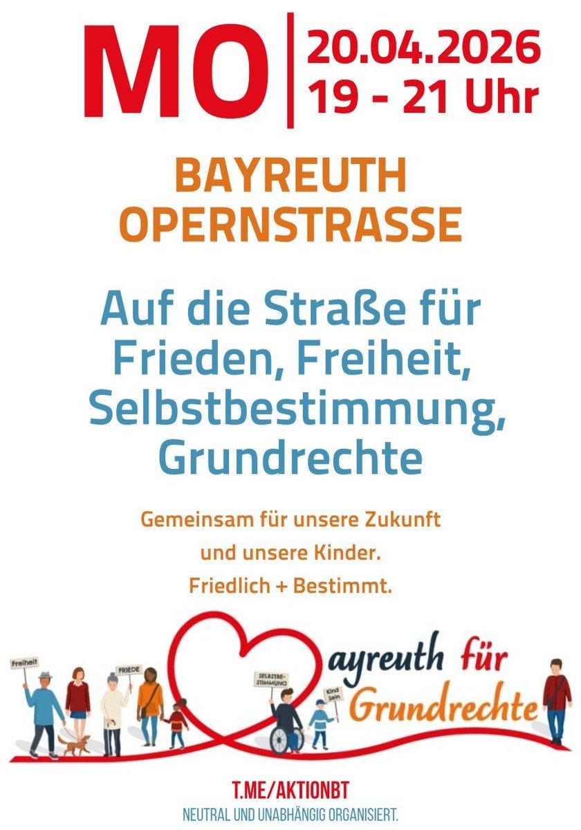TeMeNue2021's tweet image. Montags-#Demo in Franken am 20.04.2026:

‼️ #Bayreuth 19:00 #Opernstraße
‼️ #Crailsheim 18:00 #Rathaus
‼️ #Bamberg 18:00 #Bahnhof
‼️ #Herzogenaurach 19:00 #Markt

#Frieden #Freiheit #Selbstbestimmung
echte #Demokratie #Meinungsfreiheit