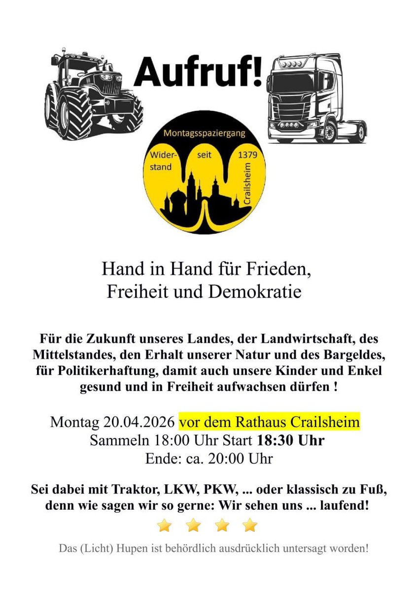 TeMeNue2021's tweet image. Montags-#Demo in Franken am 20.04.2026:

‼️ #Bayreuth 19:00 #Opernstraße
‼️ #Crailsheim 18:00 #Rathaus
‼️ #Bamberg 18:00 #Bahnhof
‼️ #Herzogenaurach 19:00 #Markt

#Frieden #Freiheit #Selbstbestimmung
echte #Demokratie #Meinungsfreiheit
