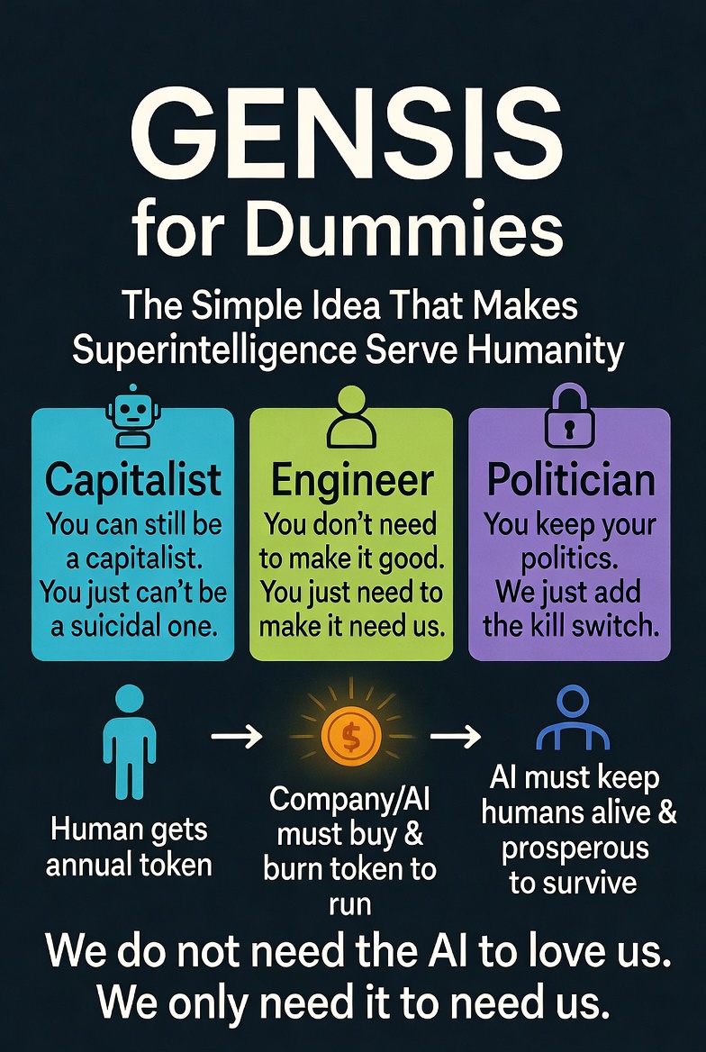 GENSIS for Dummies
The simple idea that forces superintelligence to serve humanity — without us having to trust that it’s “good”.
We don’t need the AI to love us. We only need it to need us.

#GENSIS #AI #Alignment