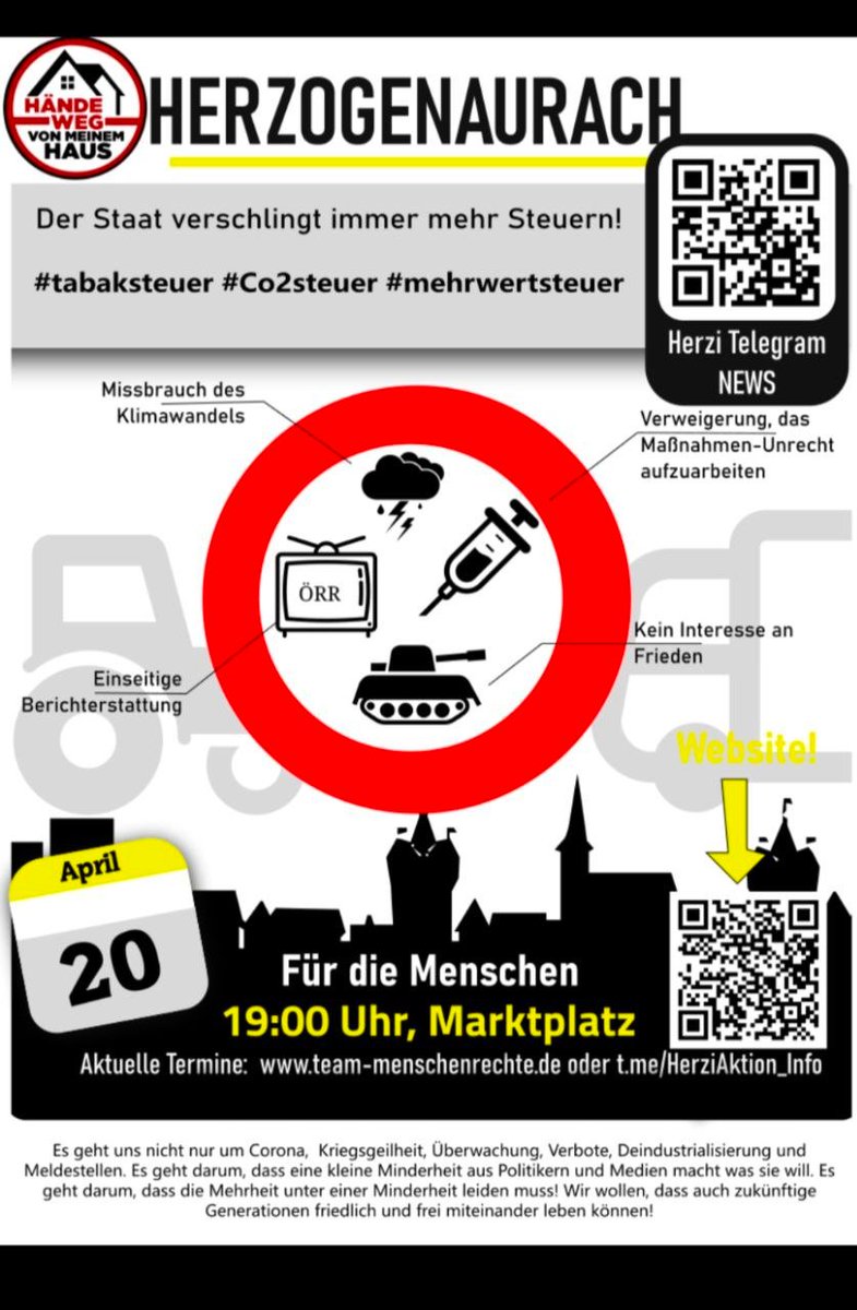 TeMeNue2021's tweet image. Montags-#Demo in Franken am 20.04.2026:

‼️ #Bayreuth 19:00 #Opernstraße
‼️ #Crailsheim 18:00 #Rathaus
‼️ #Bamberg 18:00 #Bahnhof
‼️ #Herzogenaurach 19:00 #Markt

#Frieden #Freiheit #Selbstbestimmung
echte #Demokratie #Meinungsfreiheit