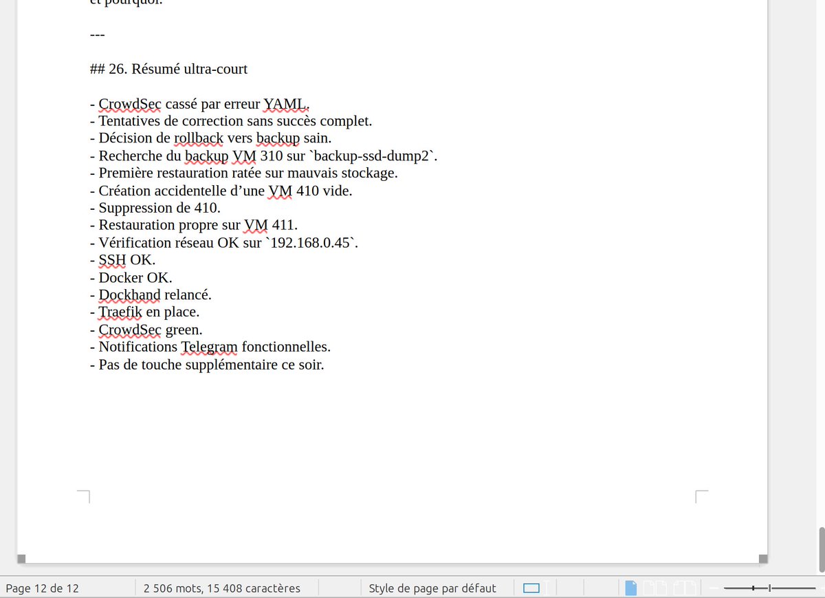 Bruno_FIBRE's tweet photo. comment perdre une session complète et de nombreuses heures, mais au final, j'avais une sauvegarde de la VM, on avait complétement cassé #crowdsec, la partie notification ko, on en as profité pour documenter cet incident, il m'a sorti le roman complet en .md (12 pages) 😂 https://t.co/2lM0w9Z0tT