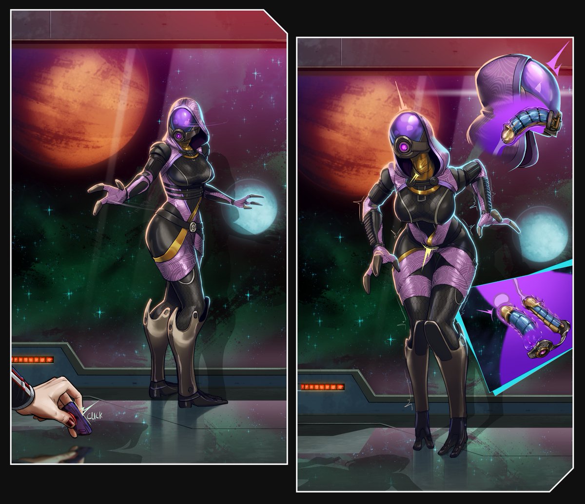 Hopefully she remembers not to leave her gadgets around... Or at least let give it to Sheppard already...

Now I gotta wonder what's up every time Tali's jumpy.

Commission for anon