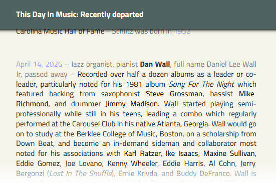 maketodayrock's tweet image. #RIP ~ Sadly #TDIM (belated) #DiedToday Apr-14-2026 Dan Wall, jazz pianist, organist, b.1952

maketodayrock.com/this-day-in-mu…