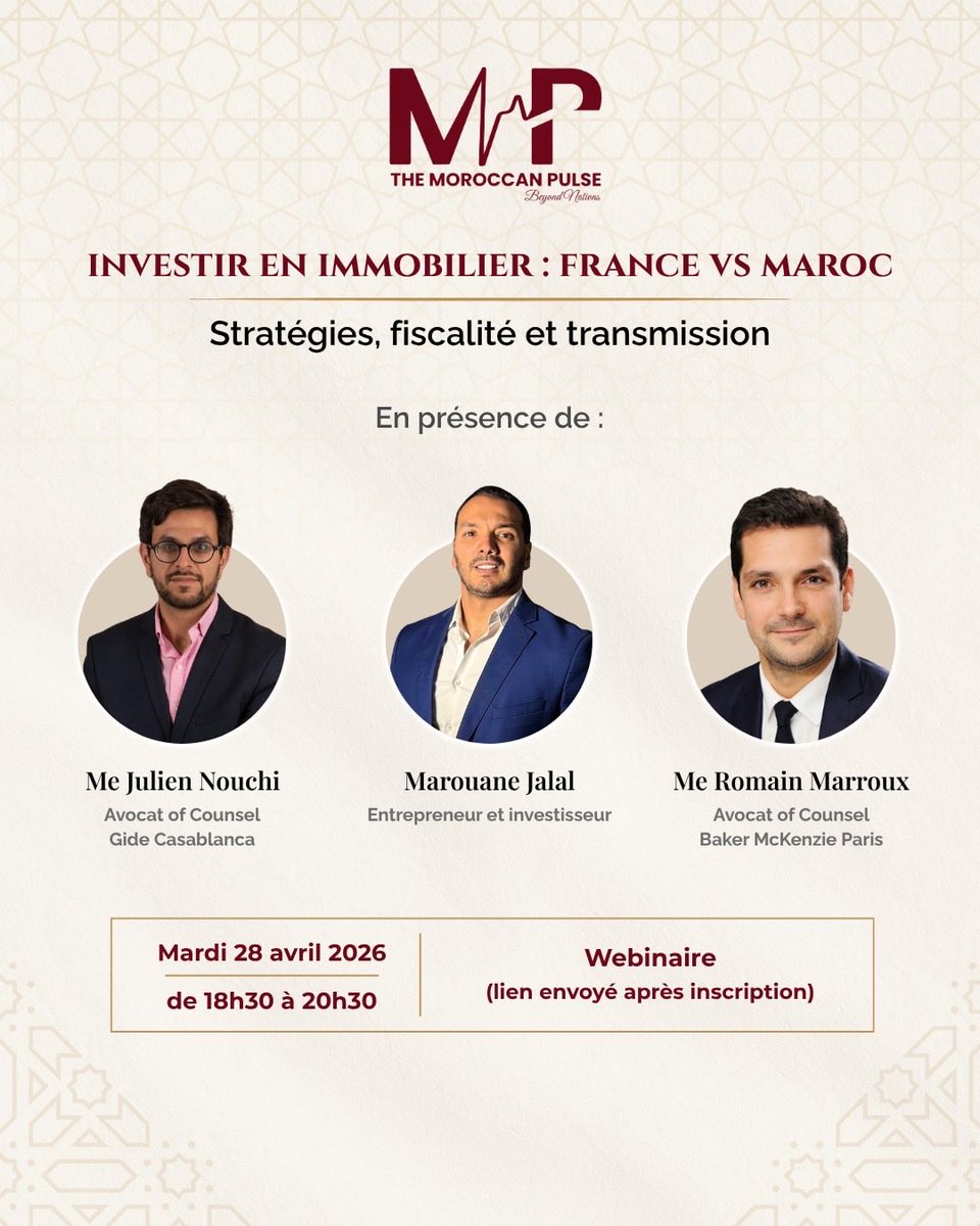 moroccan_pulse's tweet photo. Vous souhaitez investir en immobilier en France ou au Maroc ?

RDV pour un webinaire exclusif : 
📅 Mardi 28 avril 2026
🕡 18h30 - 20h30
💻 En ligne

Lien d’inscription (obligatoire) : https://t.co/zYTJioSEWh

#Immobilier #Investissement #FranceMaroc #Diaspora #Fiscalité https://t.co/kproTQyvv5