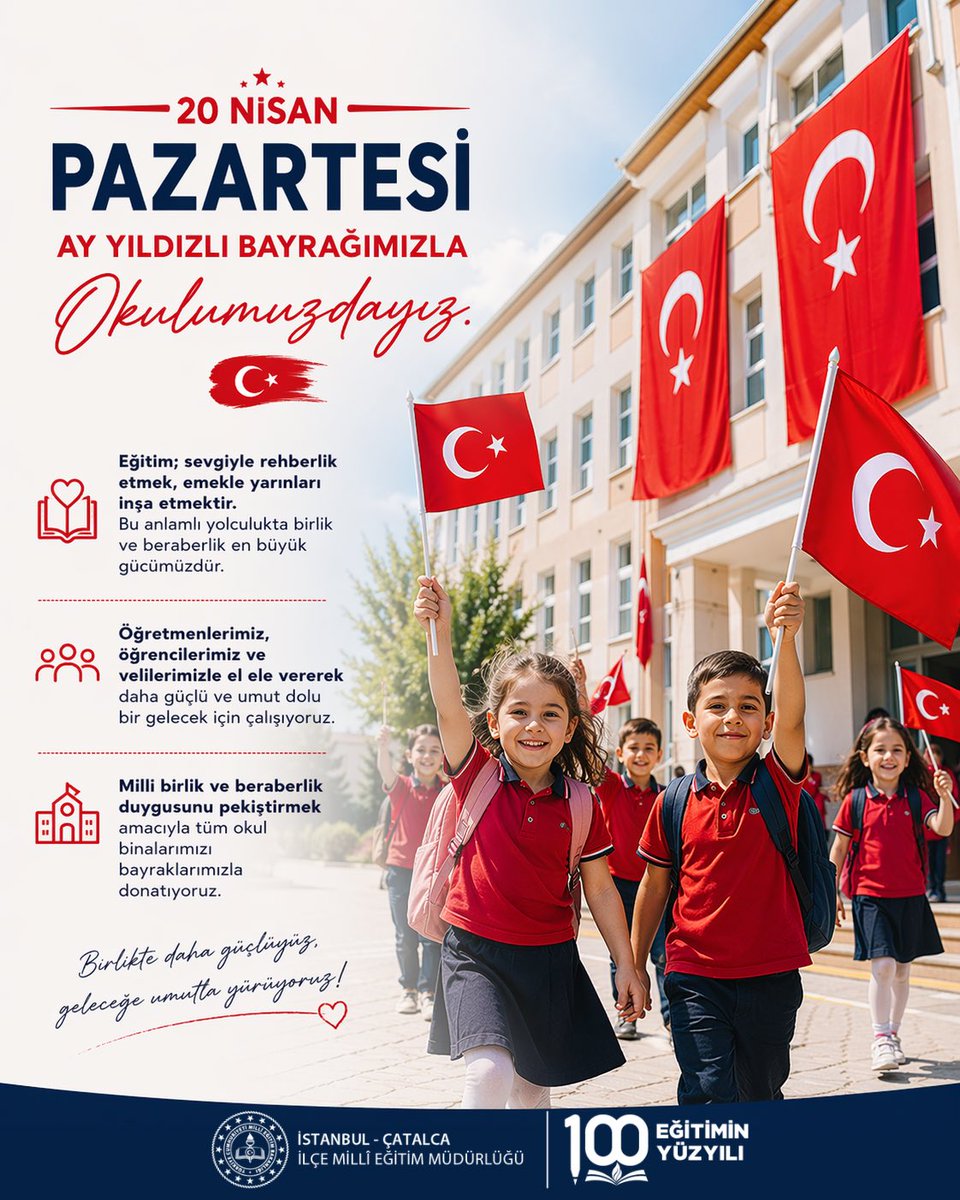 catalca_mem's tweet photo. 20 Nisan Pazartesi  ay yıldızlı bayrağımızla okulumuzdayız. 🇹🇷

Eğitim; sevgiyle rehberlik etmek, emekle yarınları inşa etmektir. Bu anlamlı yolculukta birlik ve beraberlik en büyük gücümüzdür.

Öğretmenlerimiz, öğrencilerimiz ve velilerimizle el ele vererek daha güçlü ve umut dolu bir gelecek için çalışıyoruz.

Milli birlik ve beraberlik duygusunu pekiştirmek amacıyla tüm okul binalarımızı bayraklarımızla donatıyoruz.

#EğitimleTekYürek

@tcmeb @istanbulilmem @MucahitYentur 
@suleymanceylan