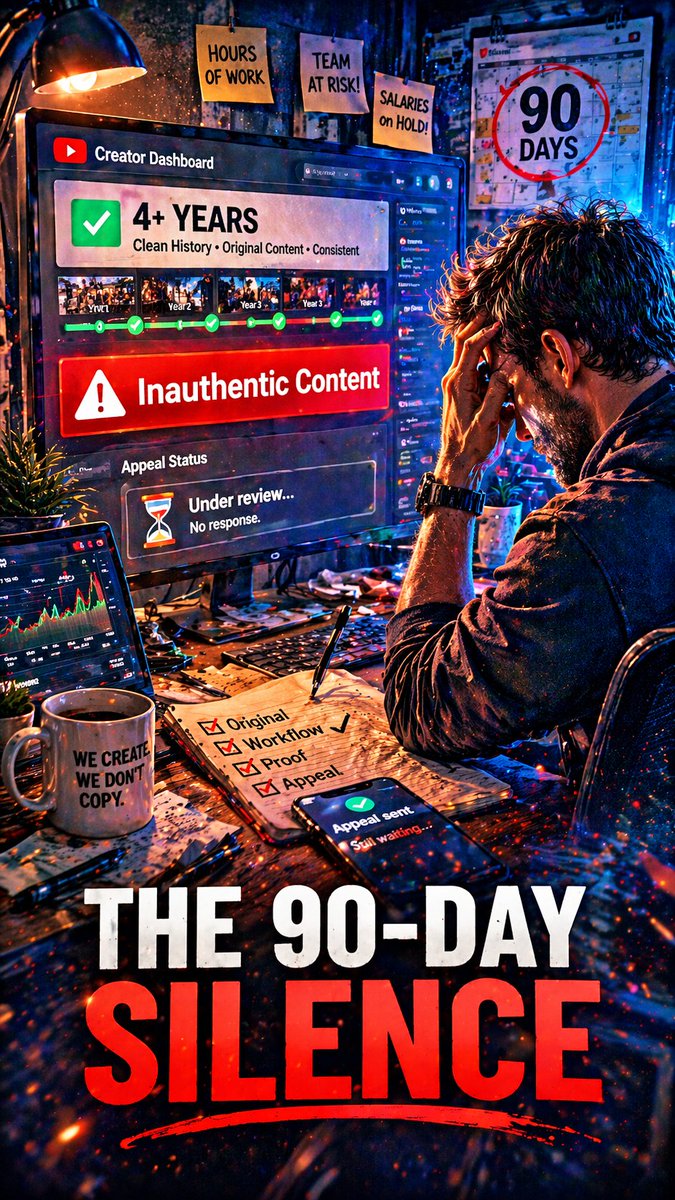 Pro_Wokanda's tweet photo. @nexlevio 🗓️ DAY 339 – The 90-Day Silence
Four clean years can now vanish in one automated click. ⏳
Creators show their full workflow, and the reply is still the same cold stamp: “Inauthentic.”
When the verdict comes first, the evidence no longer matters.
#UnitedForBanned #Day339 https://t.co/rDj42Lkgxl