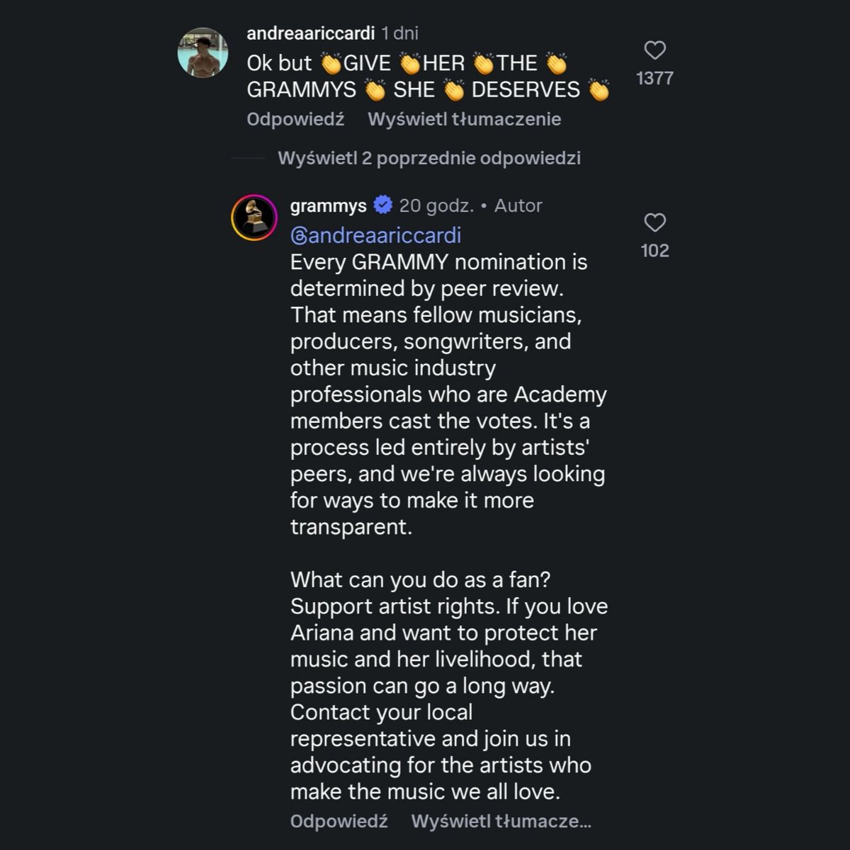 Pod postem Grammy dotyczącym kampanii na rzecz ochrony artystów przed nieuprawnionym wykorzystaniem ich głosu czy wizerunku za pomocą sztucznej inteligencji, fani skorzystali z okazji, by dać znać organizatorom Grammy, że Ariana zasługuje na większe uznanie.

To ich odpowiedź: