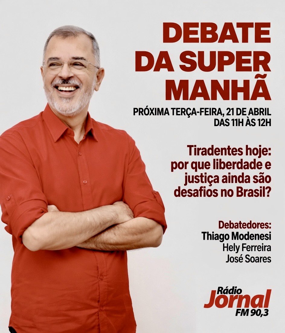 thiagomodenesi's tweet photo. Na próximas terça (21/04) participo do Debate da Super Manhã da @radiojornalpe 90,3 FM dialogando sobre o tema “Tiradentes hoje: por que liberdade e justiça ainda são desafios no Brasil?” junto com Helly Ferreira e José Soares. Acompanhem e opinem! Será das 11 horas ao meio dia. https://t.co/vDgBA4wxcZ