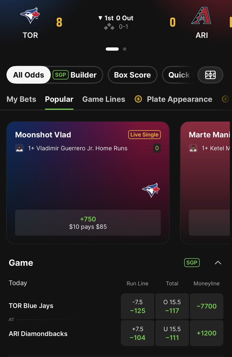 yes there is a lot of game left but dude it is 8-0 after half an inning lol +1200 is wildddd