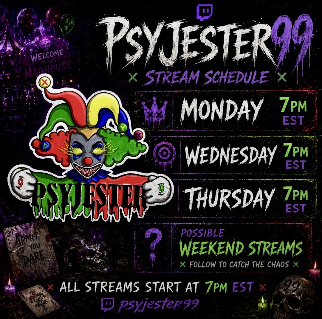 PsyJester99's tweet photo. STREAM SCHEDULE FOR THIS WEEK
.
Subject to change: will keep posted
.
#twitchstreamer #horrorstreamers #horrorcommunity @CEOsOfScreams @TheCryptTeam https://t.co/agSiU5rFs0