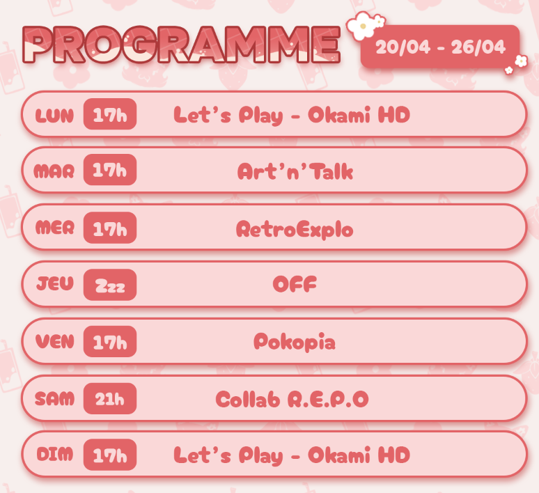 OriNyaberry's tweet photo. 🍓 Planning de la semaine (20/04 → 26/04) 🍓

🎮 LUN → 17h : Okami HD
🎨 MAR → 17h : Art’n Talk
🕹️ MER → 17h : RetroExplo
💤 JEU → OFF
🌿 VEN → 17h : Pokopia
👻 SAM → 21h : Collab R.E.P.O
🌸 DIM → 17h : Okami HD

#NyabsLive #FraiseSquad #FraisePotes #Vtubers #vtuberfr https://t.co/5MkqACMzFu
