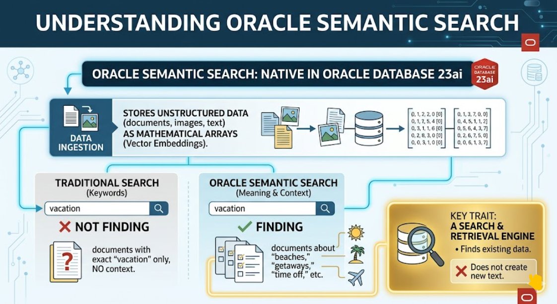 spx1313972's tweet image. 1/3
Ever wonder how databases are getting smarter at understanding context?🧠

Enter Oracle #SemanticSearch—a feature built natively into Oracle Database #23ai.

It takes unstructured data (docs, text, images) and stores it as mathematical arrays called vector embeddings.
👇