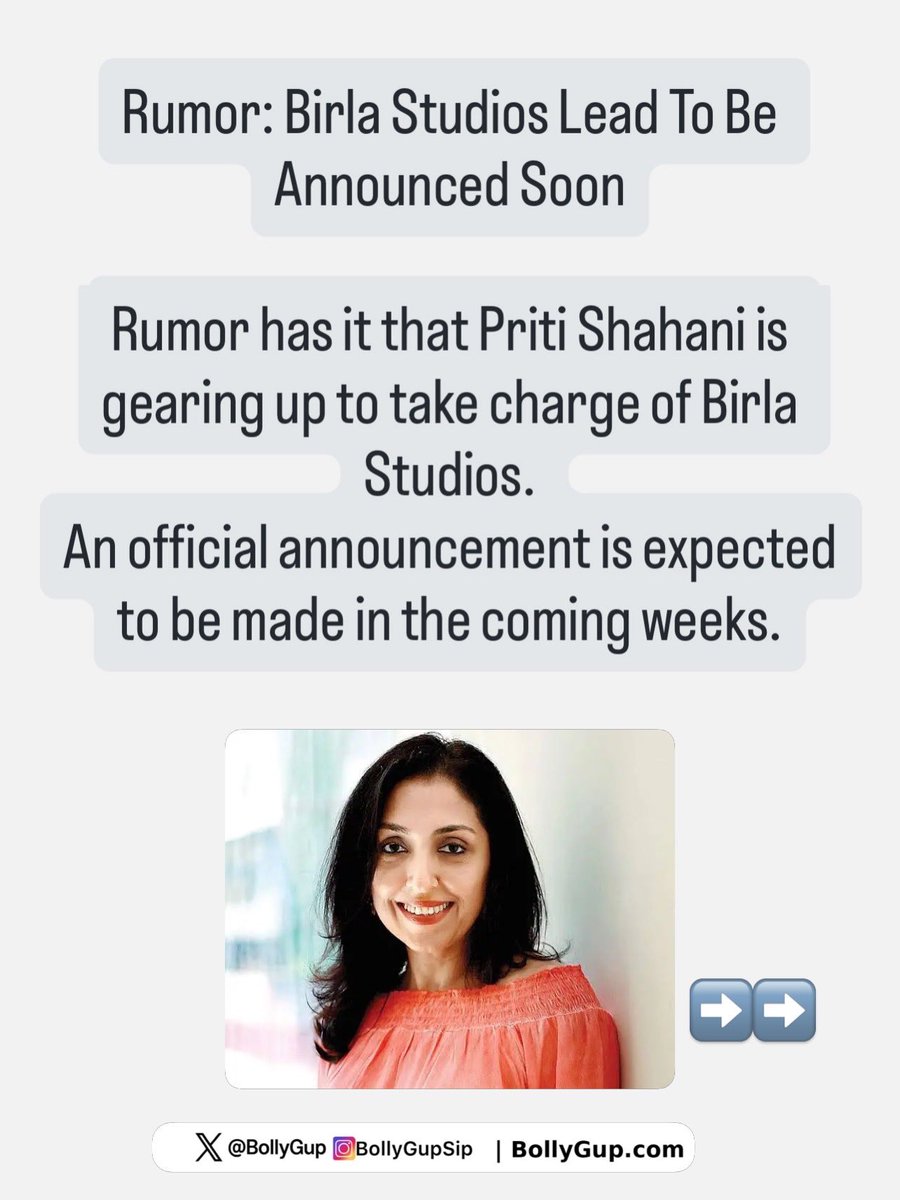 BollyGup's tweet image. Rumor has it that Priti Shahani is gearing up to take charge of Birla Studios. 
An official announcement is expected to be made in the coming weeks.
After Pritwish Ganguly, this seems to be solid addition to #BirlaStudios